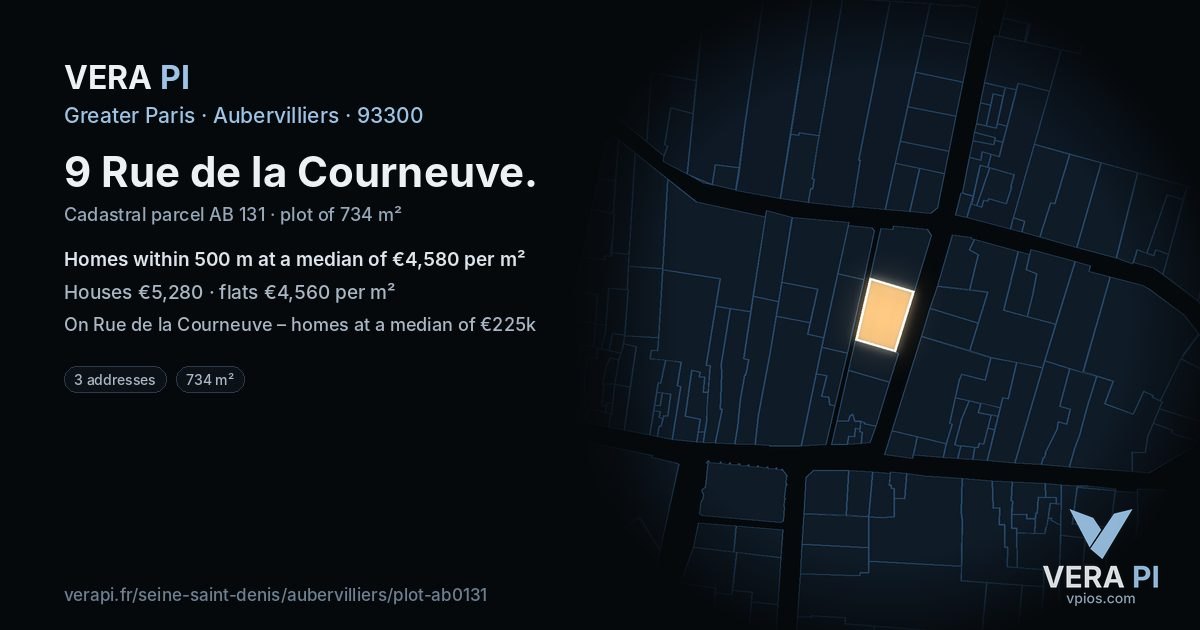 9 Rue de la Courneuve, Aubervilliers at night – the plot lit, the parcels around coloured by the prices near them