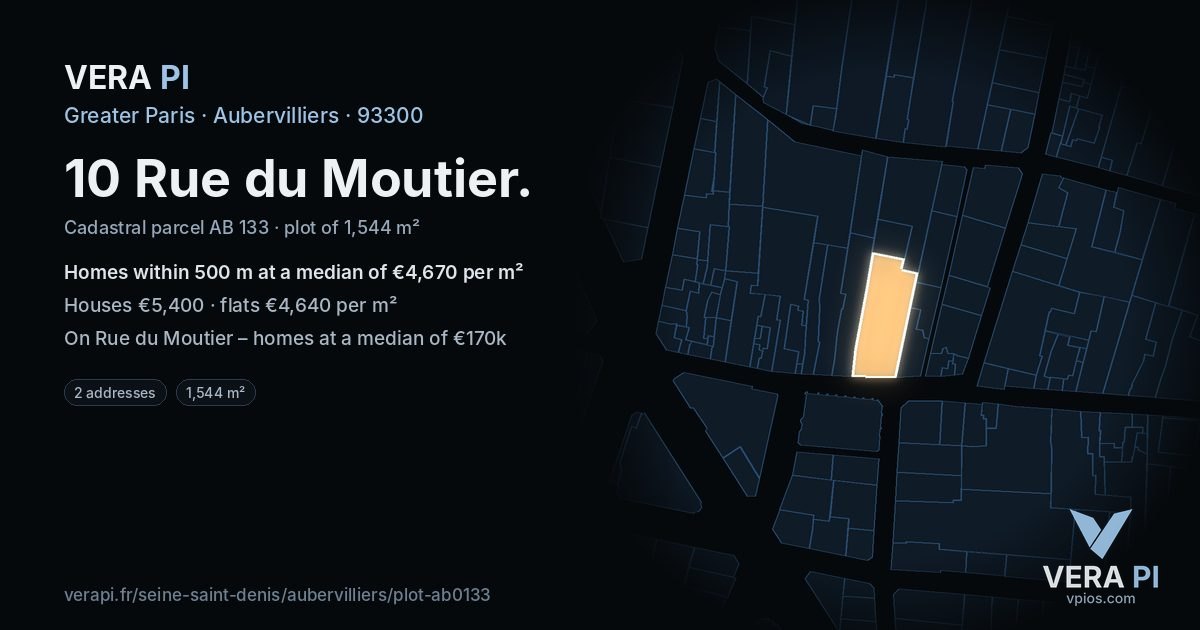 10 Rue du Moutier, Aubervilliers at night – the plot lit, the parcels around coloured by the prices near them