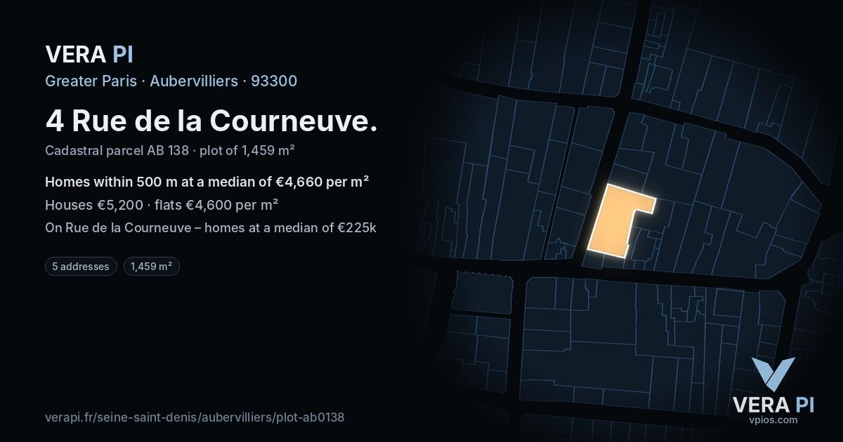 4 Rue de la Courneuve, Aubervilliers at night – the plot lit, the parcels around coloured by the prices near them