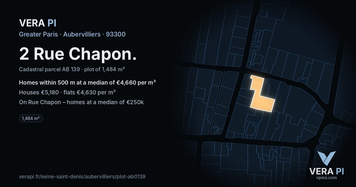 2 Rue Chapon, Aubervilliers at night – the plot lit, the parcels around coloured by the prices near them