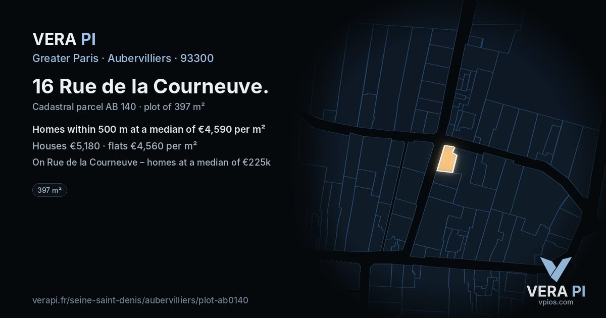 16 Rue de la Courneuve, Aubervilliers at night – the plot lit, the parcels around coloured by the prices near them