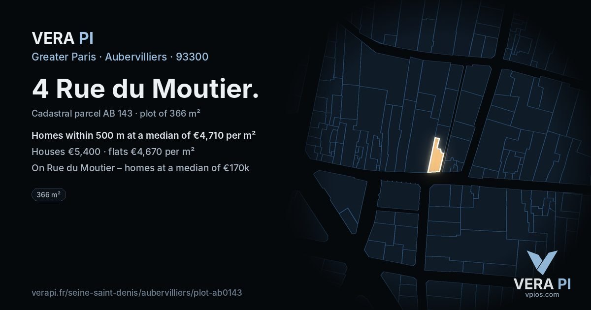 4 Rue du Moutier, Aubervilliers at night – the plot lit, the parcels around coloured by the prices near them