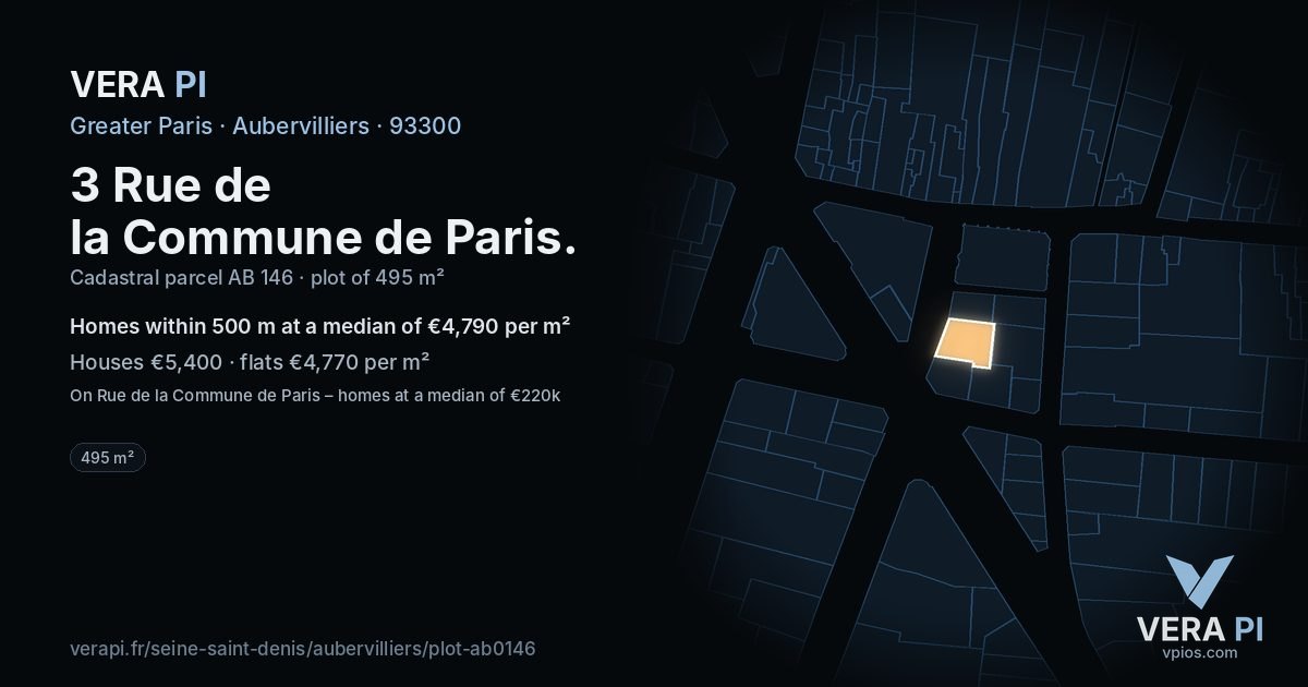 3 Rue de la Commune de Paris, Aubervilliers at night – the plot lit, the parcels around coloured by the prices near them