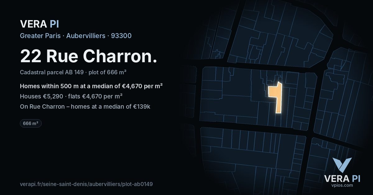 22 Rue Charron, Aubervilliers at night – the plot lit, the parcels around coloured by the prices near them