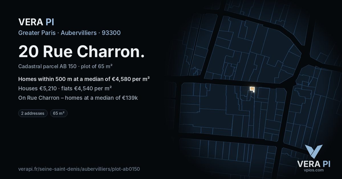 20 Rue Charron, Aubervilliers at night – the plot lit, the parcels around coloured by the prices near them