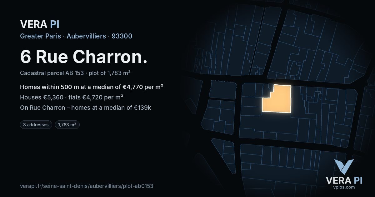 6 Rue Charron, Aubervilliers at night – the plot lit, the parcels around coloured by the prices near them