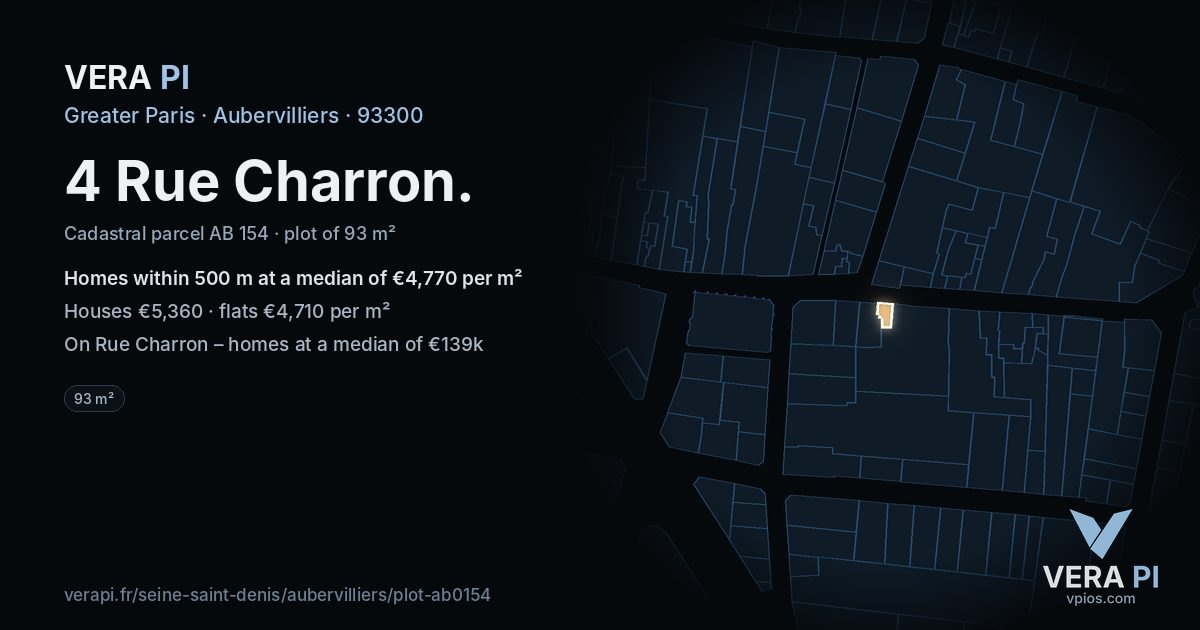 4 Rue Charron, Aubervilliers at night – the plot lit, the parcels around coloured by the prices near them