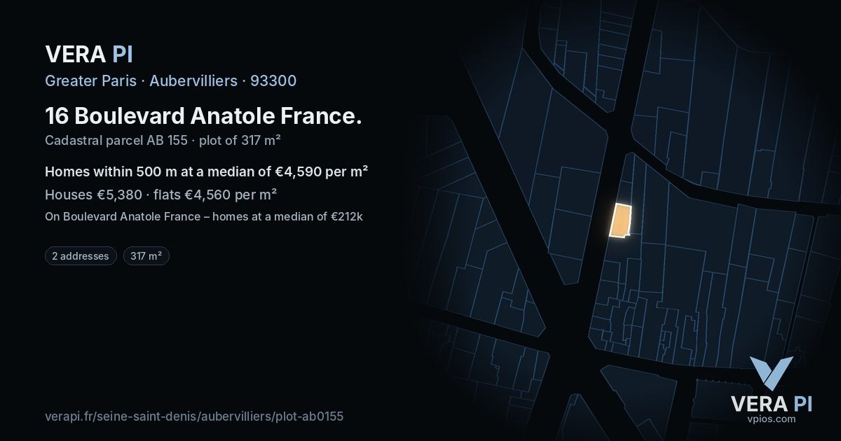 16 Boulevard Anatole France, Aubervilliers at night – the plot lit, the parcels around coloured by the prices near them