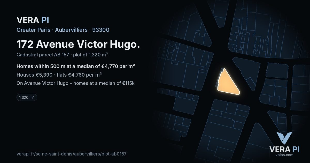 172 Avenue Victor Hugo, Aubervilliers at night – the plot lit, the parcels around coloured by the prices near them