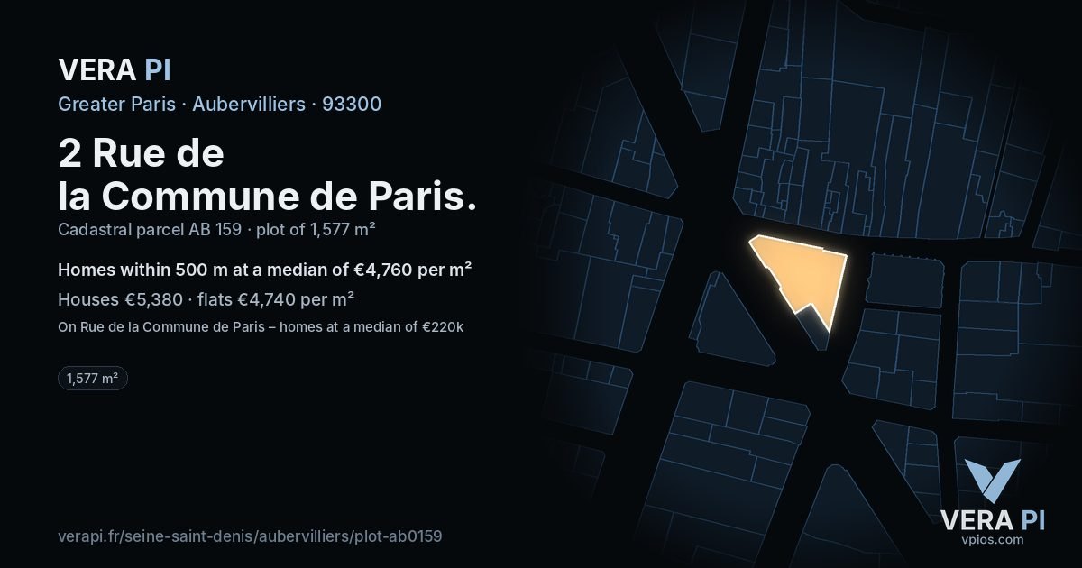 2 Rue de la Commune de Paris, Aubervilliers at night – the plot lit, the parcels around coloured by the prices near them