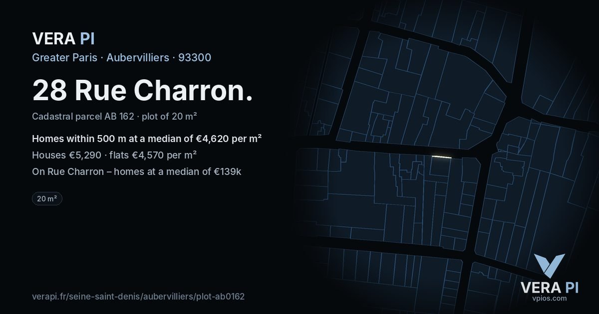28 Rue Charron, Aubervilliers at night – the plot lit, the parcels around coloured by the prices near them
