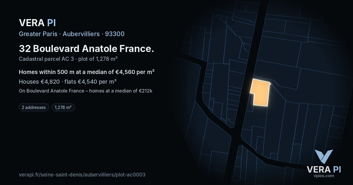 32 Boulevard Anatole France, Aubervilliers at night – the plot lit, the parcels around coloured by the prices near them