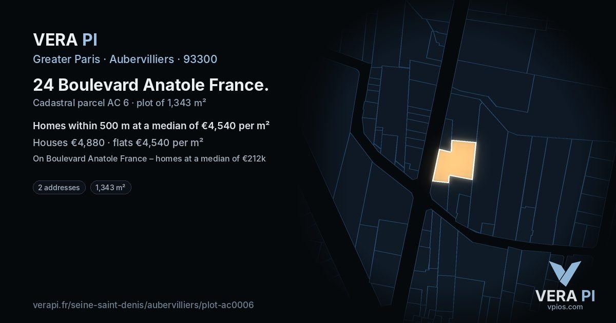 24 Boulevard Anatole France, Aubervilliers at night – the plot lit, the parcels around coloured by the prices near them