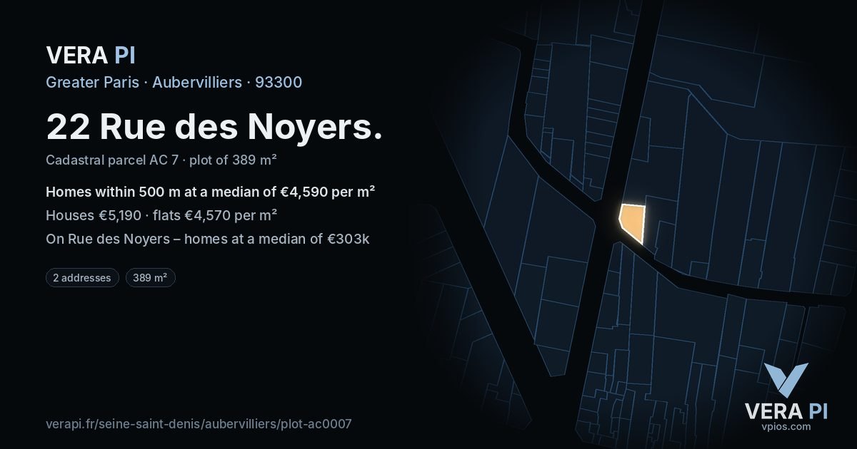 22 Rue des Noyers, Aubervilliers at night – the plot lit, the parcels around coloured by the prices near them