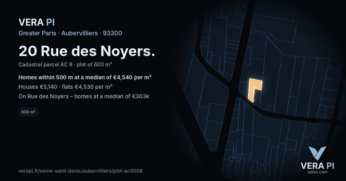 20 Rue des Noyers, Aubervilliers at night – the plot lit, the parcels around coloured by the prices near them