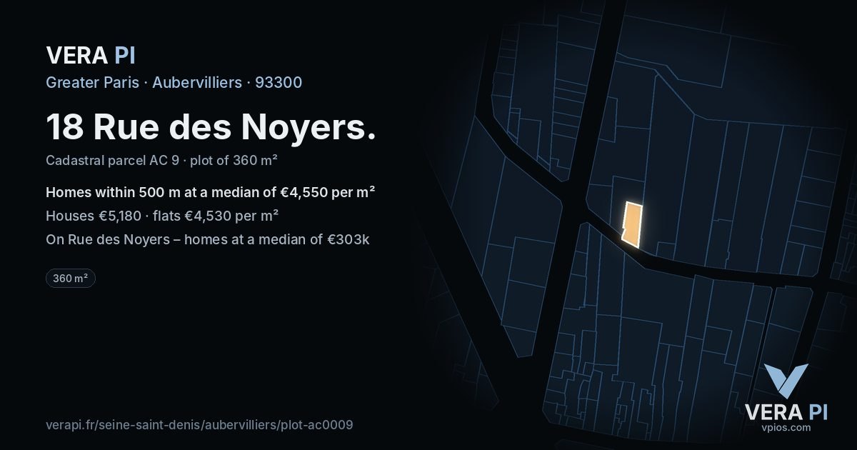 18 Rue des Noyers, Aubervilliers at night – the plot lit, the parcels around coloured by the prices near them