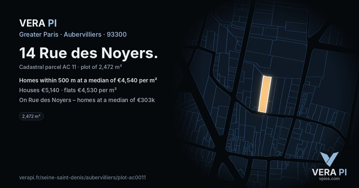 14 Rue des Noyers, Aubervilliers at night – the plot lit, the parcels around coloured by the prices near them