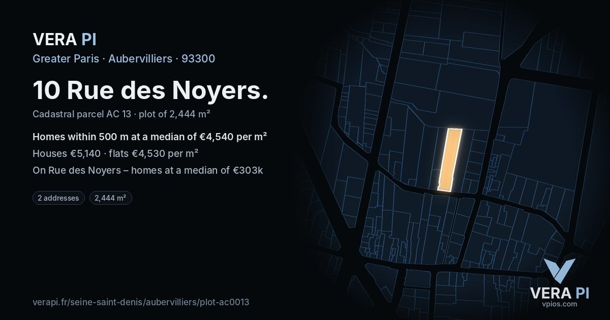 10 Rue des Noyers, Aubervilliers at night – the plot lit, the parcels around coloured by the prices near them