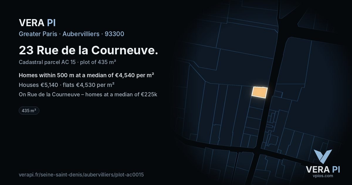 23 Rue de la Courneuve, Aubervilliers at night – the plot lit, the parcels around coloured by the prices near them