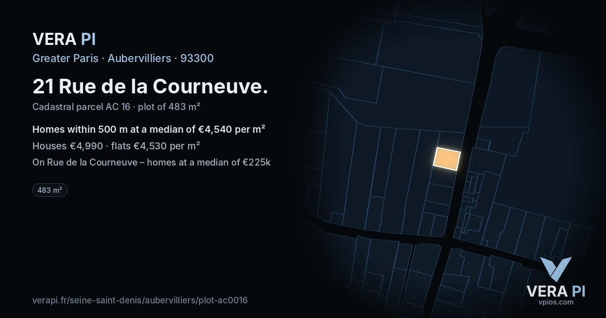 21 Rue de la Courneuve, Aubervilliers at night – the plot lit, the parcels around coloured by the prices near them