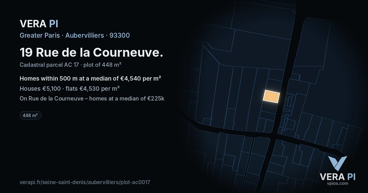 19 Rue de la Courneuve, Aubervilliers at night – the plot lit, the parcels around coloured by the prices near them