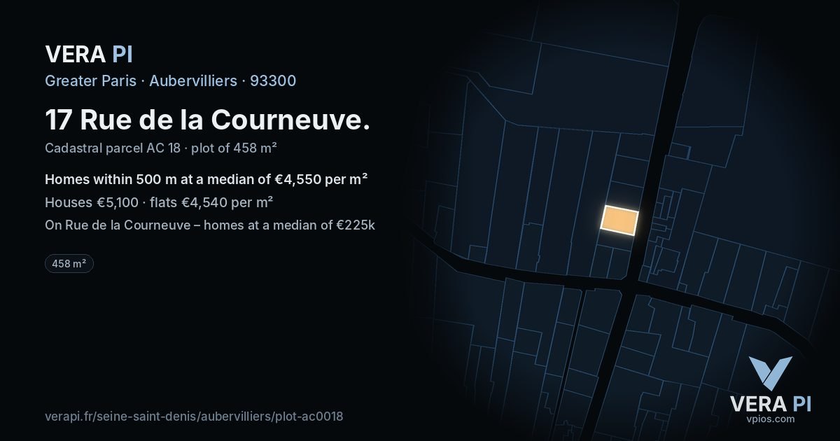 17 Rue de la Courneuve, Aubervilliers at night – the plot lit, the parcels around coloured by the prices near them