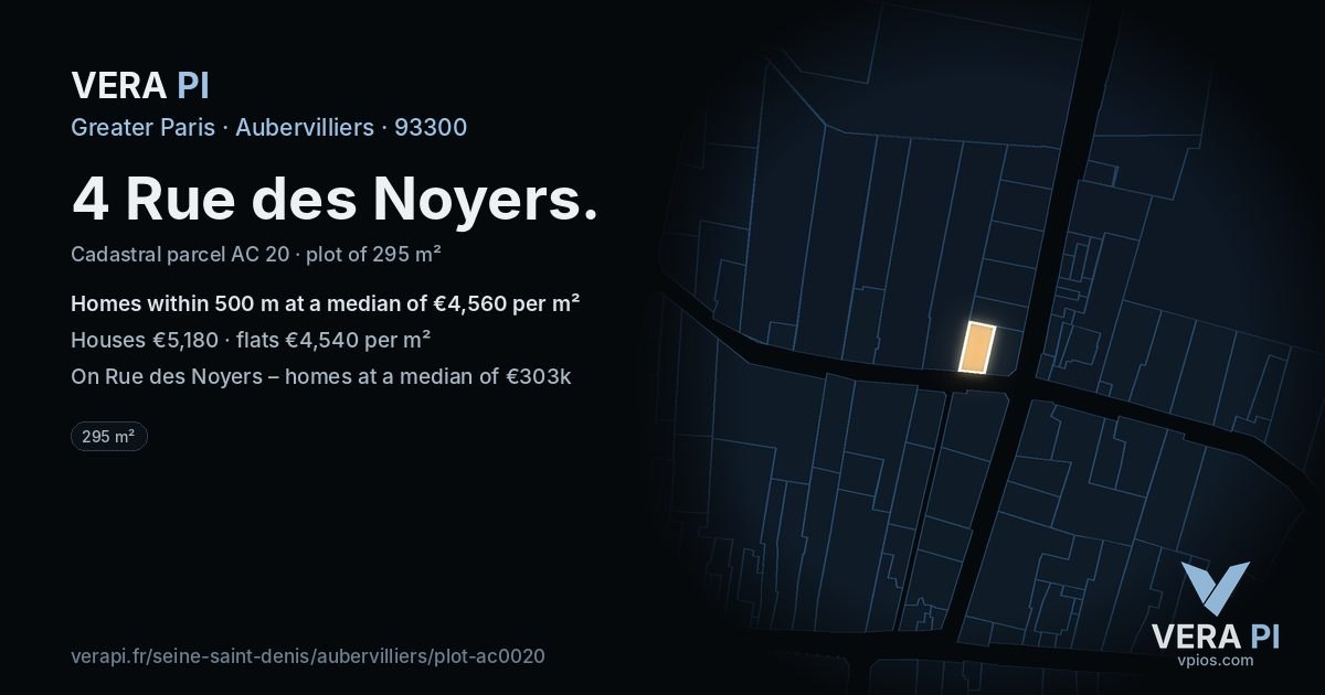4 Rue des Noyers, Aubervilliers at night – the plot lit, the parcels around coloured by the prices near them
