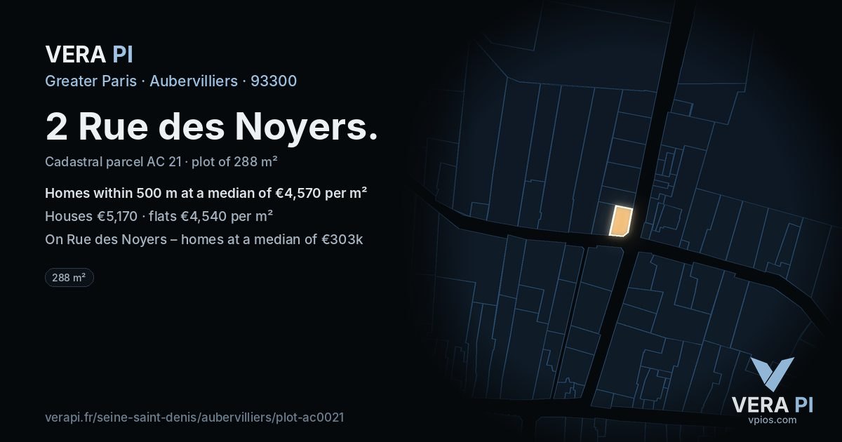 2 Rue des Noyers, Aubervilliers at night – the plot lit, the parcels around coloured by the prices near them