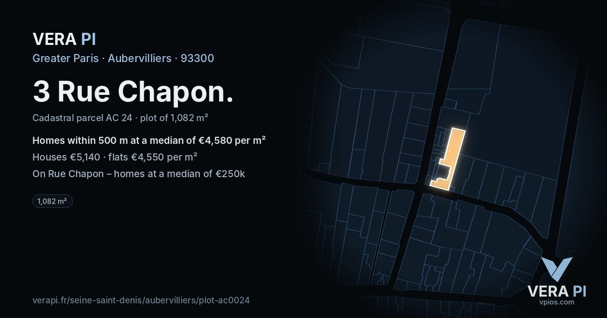 3 Rue Chapon, Aubervilliers at night – the plot lit, the parcels around coloured by the prices near them