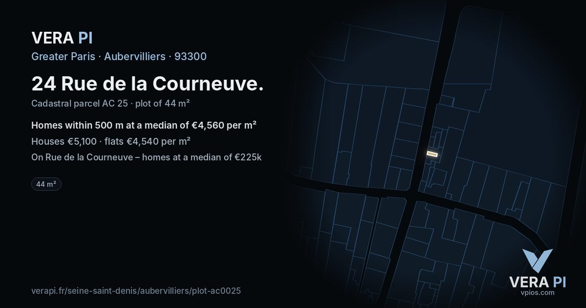 24 Rue de la Courneuve, Aubervilliers at night – the plot lit, the parcels around coloured by the prices near them