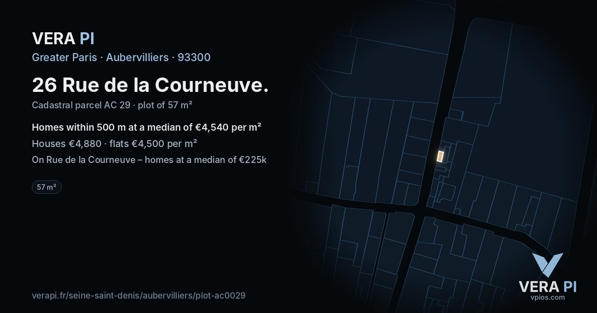 26 Rue de la Courneuve, Aubervilliers at night – the plot lit, the parcels around coloured by the prices near them