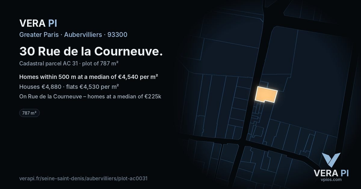 30 Rue de la Courneuve, Aubervilliers at night – the plot lit, the parcels around coloured by the prices near them