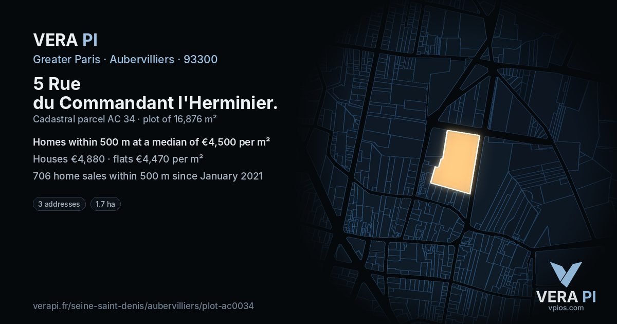 5 Rue du Commandant l'Herminier, Aubervilliers at night – the plot lit, the parcels around coloured by the prices near them