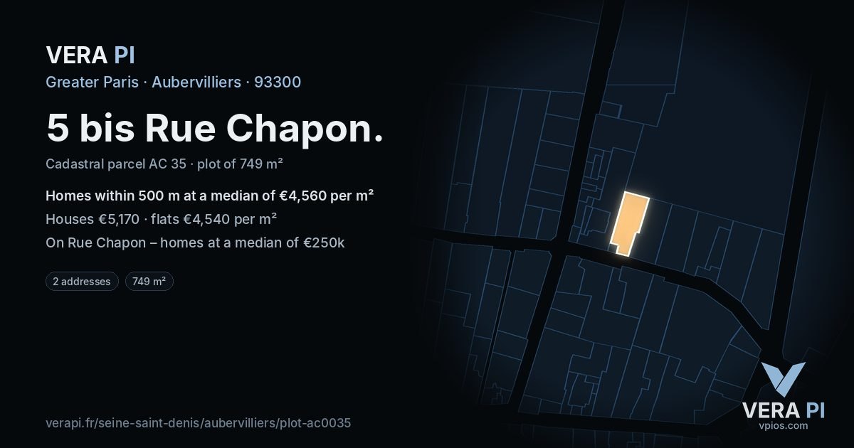 5 bis Rue Chapon, Aubervilliers at night – the plot lit, the parcels around coloured by the prices near them