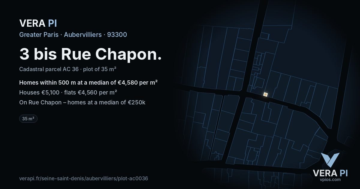 3 bis Rue Chapon, Aubervilliers at night – the plot lit, the parcels around coloured by the prices near them