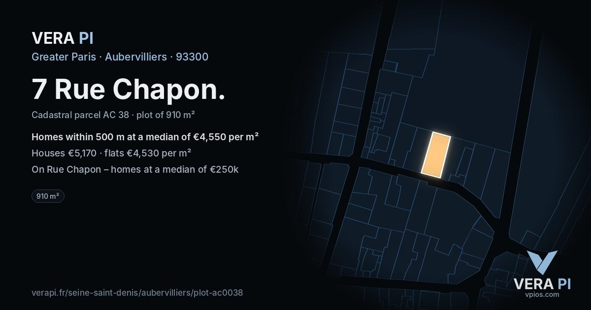 7 Rue Chapon, Aubervilliers at night – the plot lit, the parcels around coloured by the prices near them