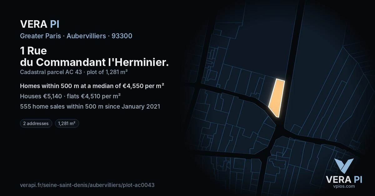 1 Rue du Commandant l'Herminier, Aubervilliers at night – the plot lit, the parcels around coloured by the prices near them