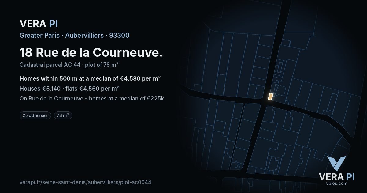 18 Rue de la Courneuve, Aubervilliers at night – the plot lit, the parcels around coloured by the prices near them