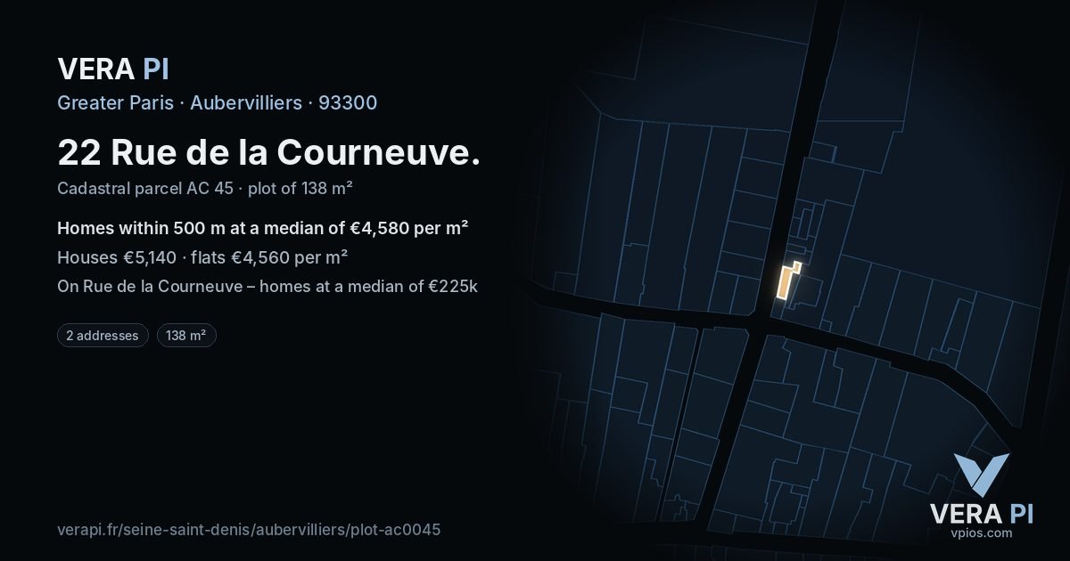 22 Rue de la Courneuve, Aubervilliers at night – the plot lit, the parcels around coloured by the prices near them