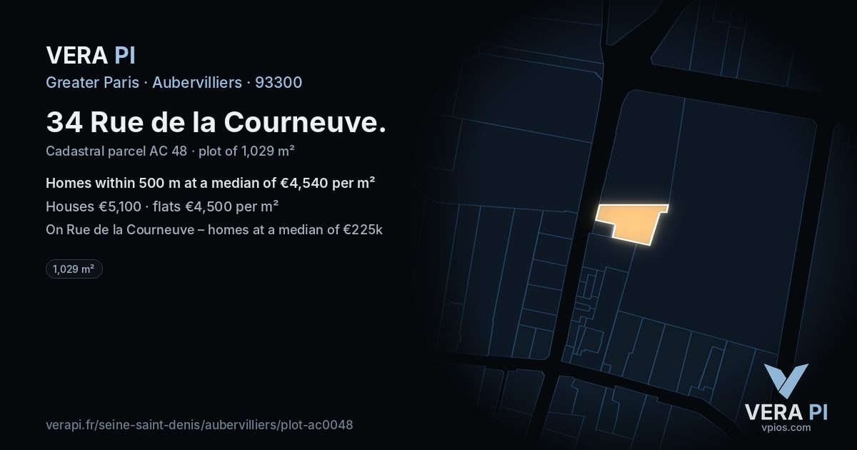 34 Rue de la Courneuve, Aubervilliers at night – the plot lit, the parcels around coloured by the prices near them