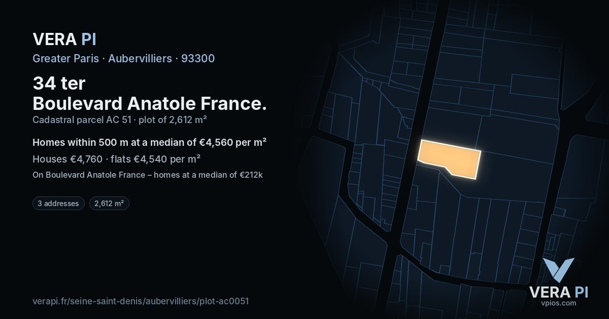 34 ter Boulevard Anatole France, Aubervilliers at night – the plot lit, the parcels around coloured by the prices near them
