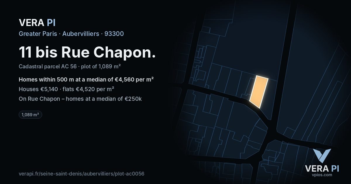 11 bis Rue Chapon, Aubervilliers at night – the plot lit, the parcels around coloured by the prices near them