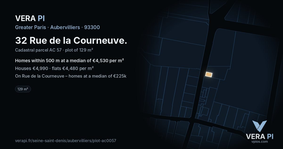 32 Rue de la Courneuve, Aubervilliers at night – the plot lit, the parcels around coloured by the prices near them