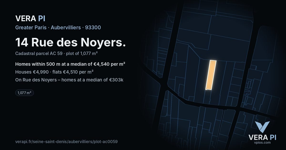 14 Rue des Noyers, Aubervilliers at night – the plot lit, the parcels around coloured by the prices near them