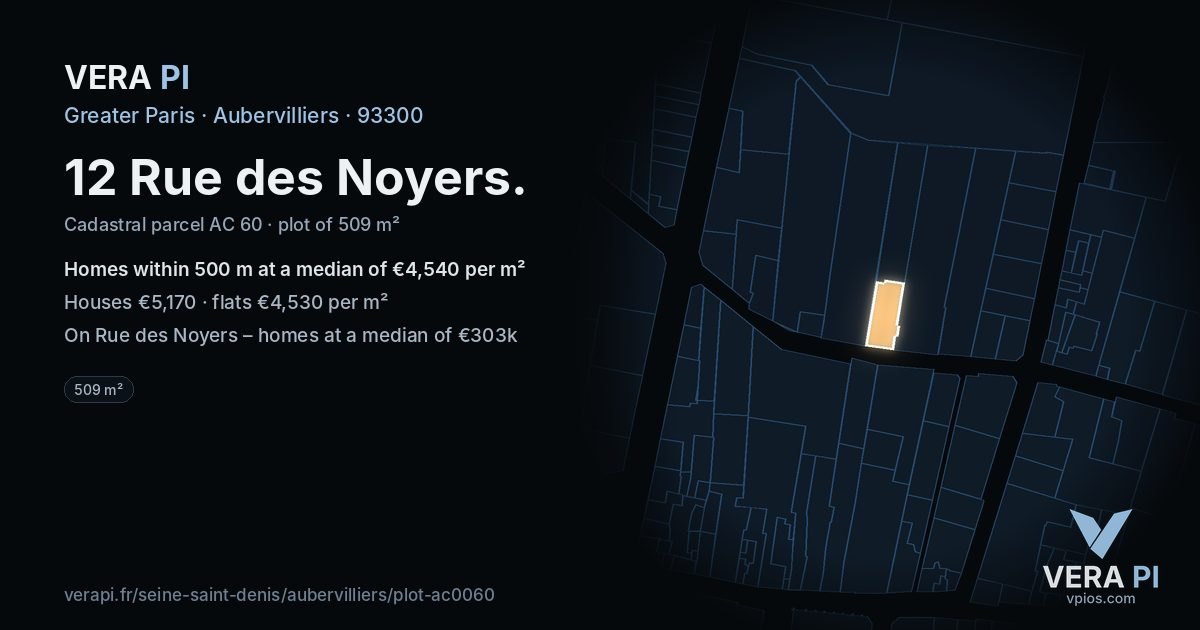 12 Rue des Noyers, Aubervilliers at night – the plot lit, the parcels around coloured by the prices near them
