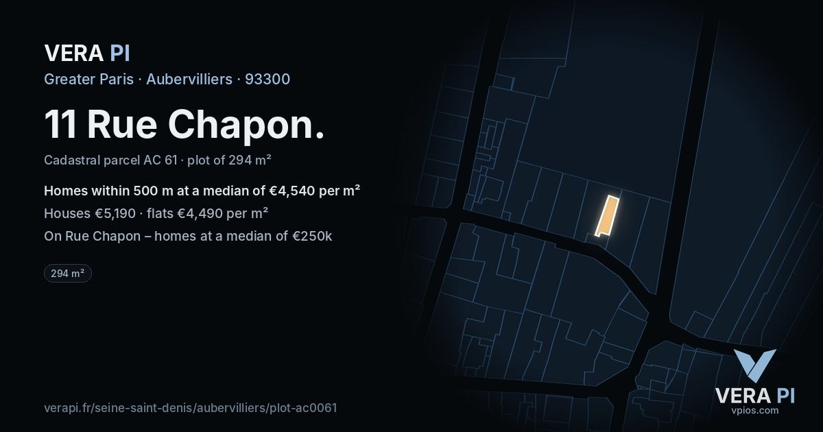 11 Rue Chapon, Aubervilliers at night – the plot lit, the parcels around coloured by the prices near them