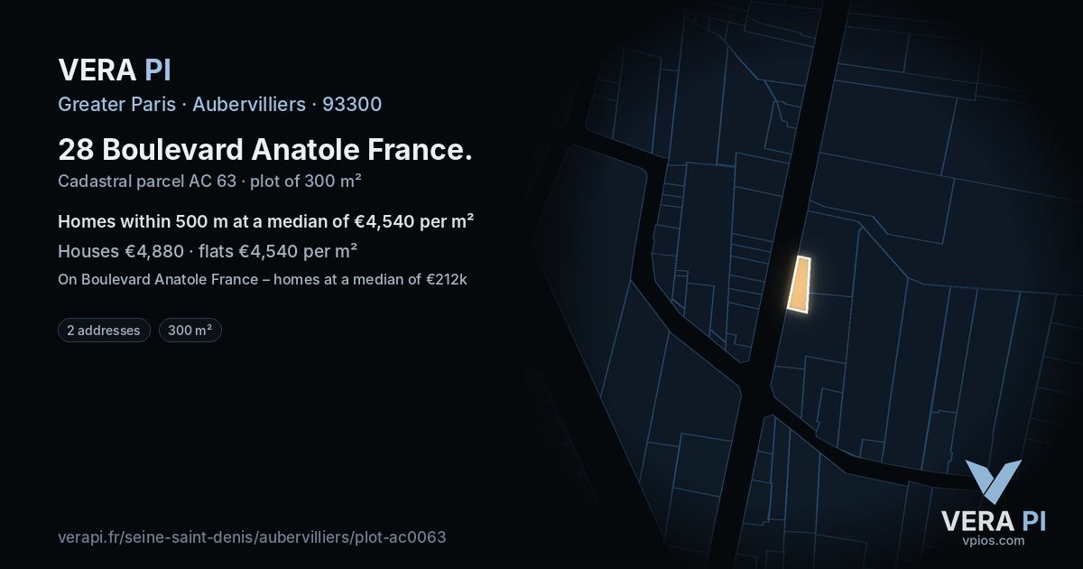 28 Boulevard Anatole France, Aubervilliers at night – the plot lit, the parcels around coloured by the prices near them