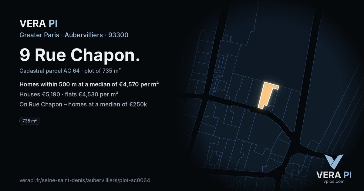 9 Rue Chapon, Aubervilliers at night – the plot lit, the parcels around coloured by the prices near them