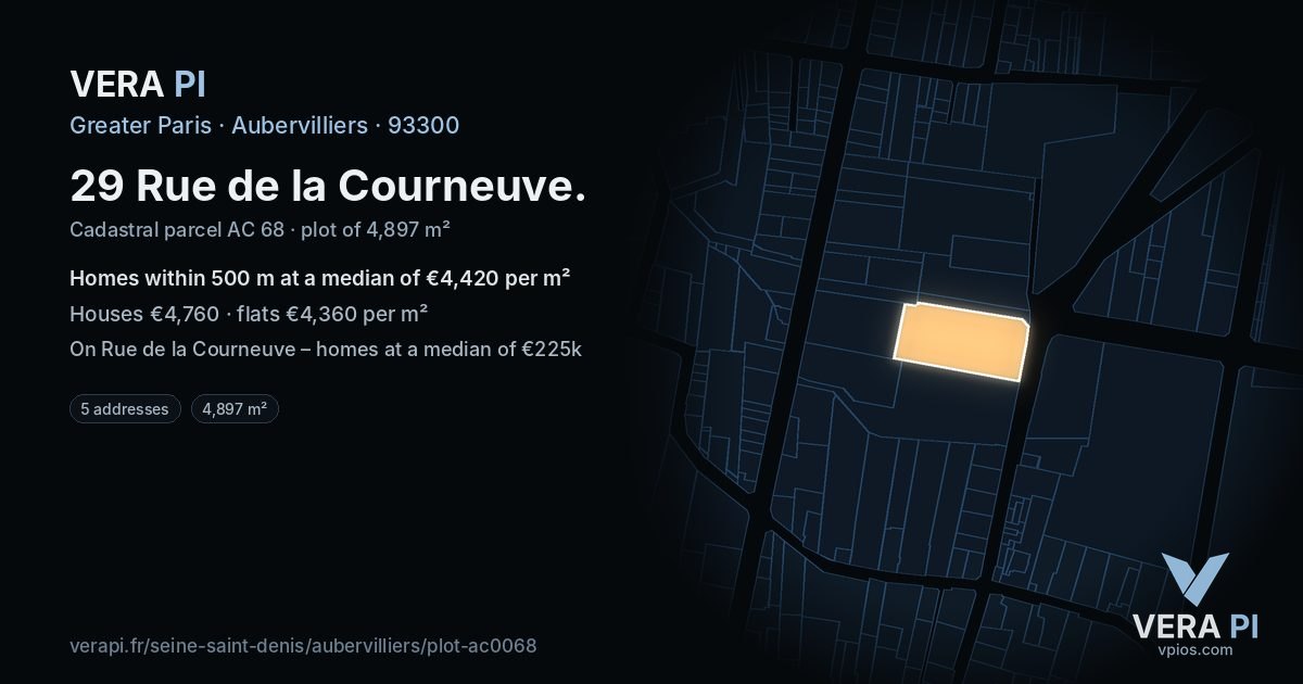 29 Rue de la Courneuve, Aubervilliers at night – the plot lit, the parcels around coloured by the prices near them