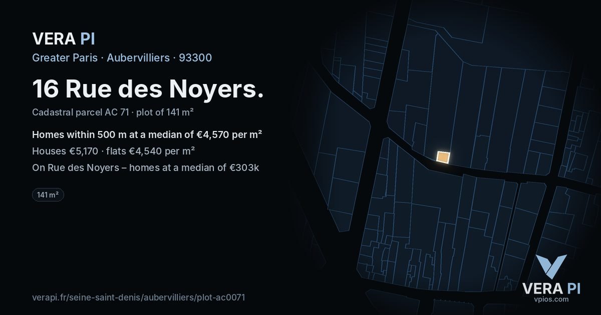 16 Rue des Noyers, Aubervilliers at night – the plot lit, the parcels around coloured by the prices near them